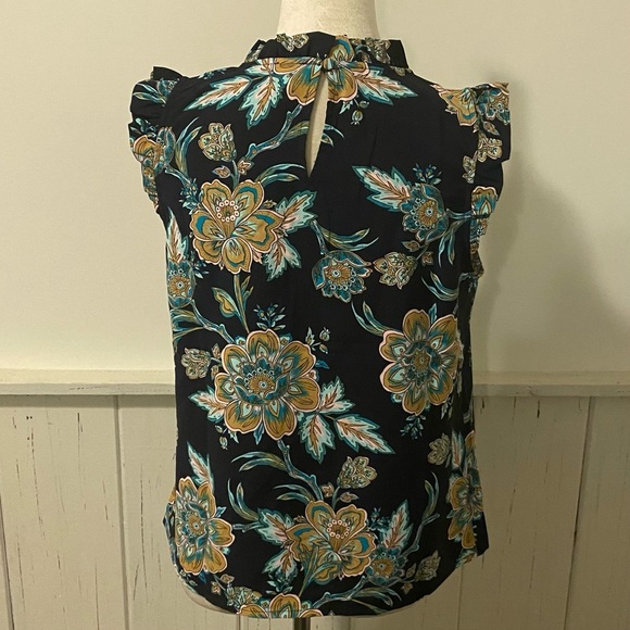 NWT J Crew Small Navy Blue Floral Ruffleneck Sleeveless Blouse - Picture 2 of 10